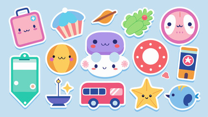 Colorful Kawaii Travel Sticker Set on Minimal Background