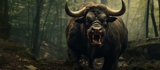 Bull's face in the natural forest.