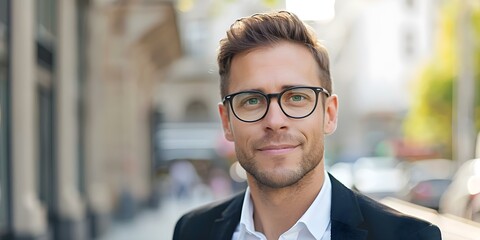 A stylish male manager in his 30s wearing glasses outdoors in the city. Concept Fashion, Business, City Life, Outdoor Photoshoot