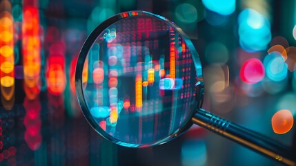 Financial charts and graphs under a magnifying glass examining stock market analysis in a real photo style with bokeh background for meticulous review