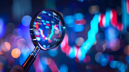 Real photo style of a magnifying glass over financial data charts and graphs examining stock market analysis with a bokeh background for comprehensive review