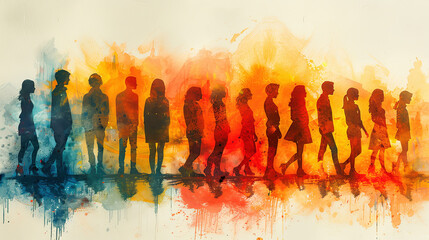 Watercolor Painting of People Walking in Colorful Splatter Design Element for Social Issues and Mental Health Awareness Projects