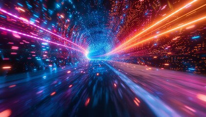 Obraz premium Neon speed light trails weaving through a 3D abstract highway, vibrant colors and motion effects,