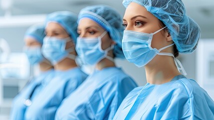 A female medic wearing a medical mask and overalls. A team of specialists at the workplace. Professional. Illustration for cover, card, postcard, interior design, poster, brochure or presentation.