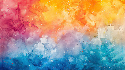 Fototapeta premium Abstract Watercolor Background in Blue, Purple, Orange, Yellow, and White with Swirls, Splashes and Copy Space
