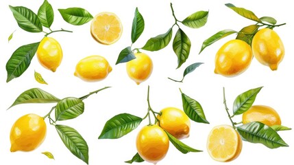 Obraz premium A bunch of fresh lemons with green leaves on a white background, suitable for food or still life photography