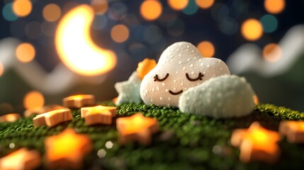 Obraz premium Adorable Plush Cloud and Star Toys in a Dreamy Night Setting