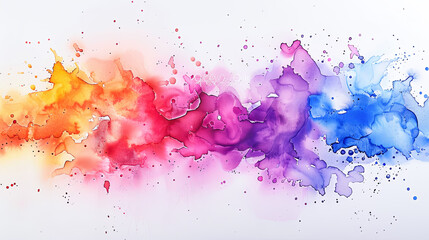 Abstract Colorful Watercolor Splashes and Paint Splats on White Background Artistic Painting Texture with Orange, Red, Pink, Purple, and Blue Ink Blobs