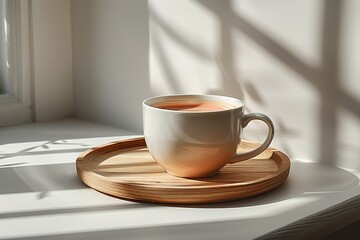 Obraz premium A white coffee cup sits on a wooden tray by a window