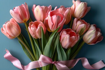 A bouquet of pink tulips is tied with a pink ribbon