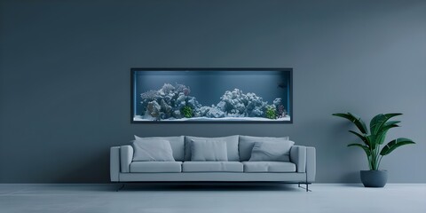 Fototapeta premium Looping 4k animation of a modern living room with a grey wall aquarium. Concept 4k Animation, Living Room, Grey Wall, Aquarium, Looping Animation