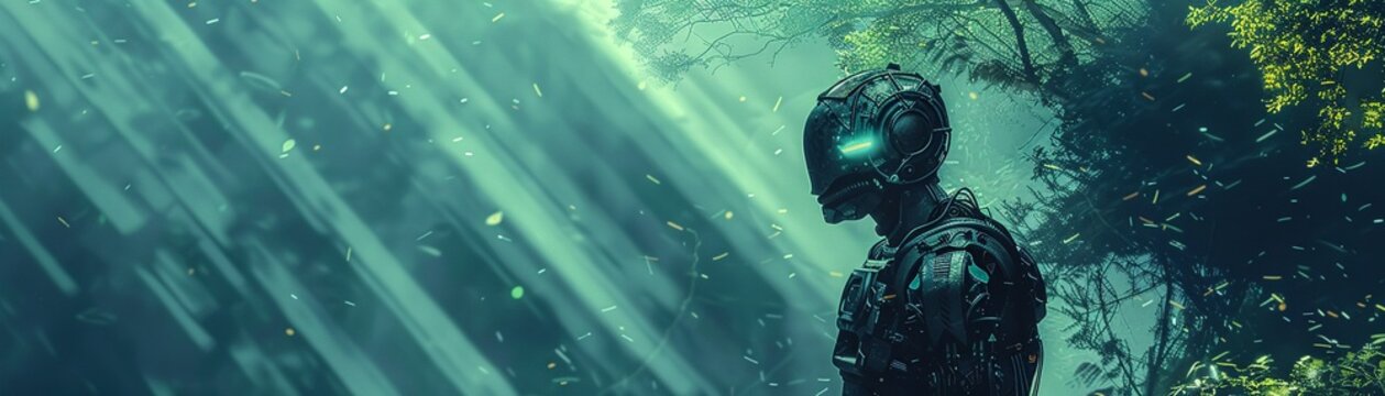 Avatar, sleek cybernetic armor, glowing with energy, standing in an augmented reality landscape, digital flora and fauna, AI-generated world Photography, Sunlight, Vignette
