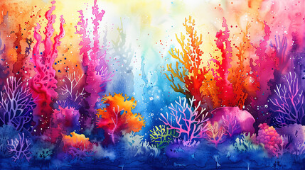Underwater Coral Reef Watercolor Painting, Vibrant Sea Life Illustration, Marine Background, Ocean Art Print, Colorful Aquatic Scene, Abstract Seascape Artwork, Tropical Fish Tank Decor, Blue Purple