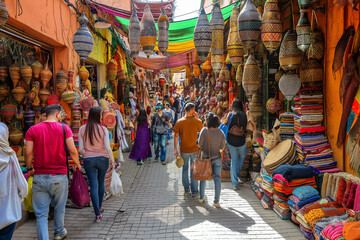 A busy market with people walking down a narrow street