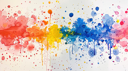 Vibrant Abstract Watercolor Splashes and Splats on White Background Colorful Artistic Texture with Red, Orange, Yellow and Blue Paint Drops and Blobs Creative Art, Painting and Design Concept