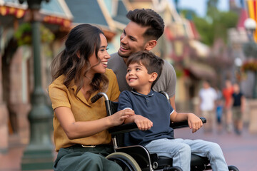 A family of three, a man and two children, are sitting in a wheelchair