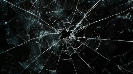 Broken glass on a dark background. After the impact, the glass surface has cracks diverging from the point of impact or bullet hit. The concept of destruction, vulnerability and fragility of existence