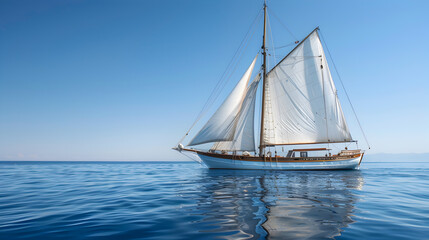 Fototapeta premium A sailboat sailing on the calm ocean under a clear blue sky