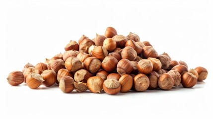 Fototapeta premium A pile of hazel nuts arranged neatly on a white surface, perfect for food photography or decorative purposes