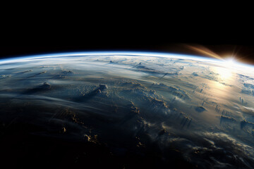 Fototapeta premium Planet earth from universe, orbital view of the world, lit planet with sun in the background