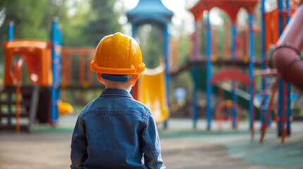 Playground safety concept image with a young boy kid with hard hat letting see an outdoor playground with slide