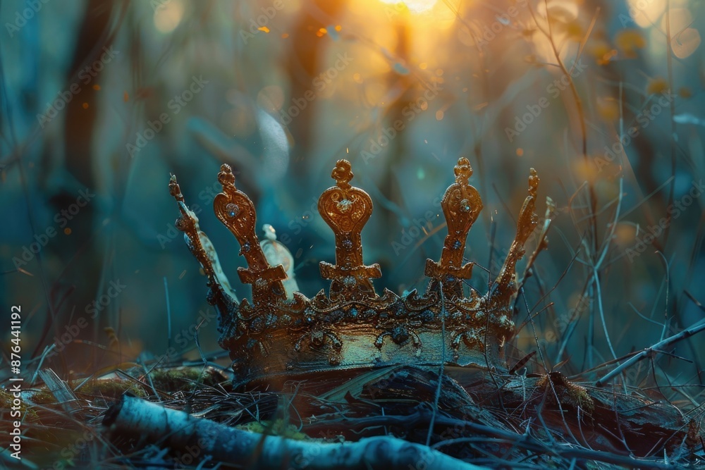 Poster a crown sits in the midst of a forest, surrounded by trees and foliage