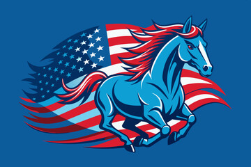 T-shirt Design with a powerful horse galloping with the American flag draped over its back. Include a background of fireworks vector illustration