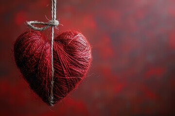 A red heart is hanging from a rope