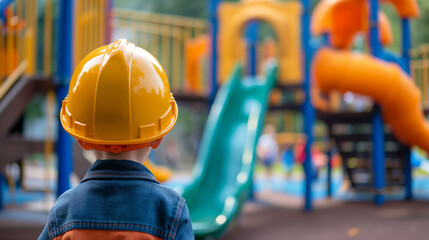 Fototapeta premium Playground safety concept image with a young boy kid with hard hat letting see an outdoor playground with slide