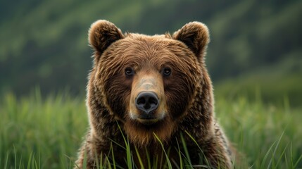 Fototapeta premium Grizzly bear standing in tall green grass