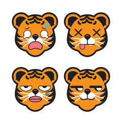 Vector set of cute Tiger emoji faces with various expressions. Isolated on white background