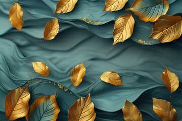 A painting of gold leaves floating on a blue background