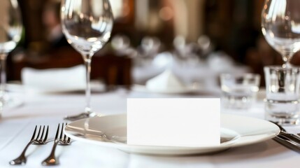 Festive Wedding and Birthday Party Table Setting: Elegant Cutlery and Plate Arrangement with Vertical Blank Paper Card Modern Mediterranean Dinner Menu Design Template