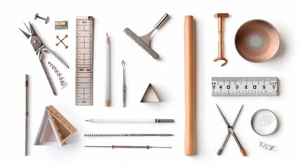 a set of geometry tools, math supplies, photorealistic, metallic, isolated on white background