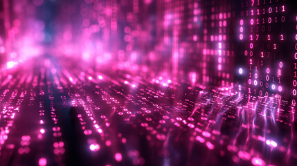 Obraz premium Abstract pink binary code matrix with glowing digital data and futuristic technology pattern