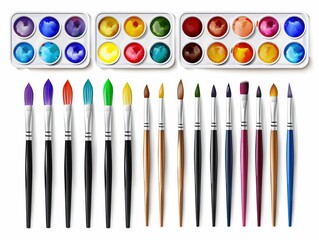 Naklejka premium a set of watercolor paints and brushes, art supplies, photorealistic, multicolored, isolated on white background
