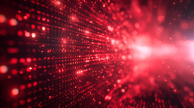 A network of binary data code in a digital matrix pattern on a red background