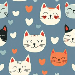 Seamless pattern of a cute cats and hearts. A nice simple tileble wallpapers with blue background