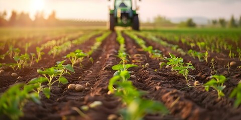 Farmer on tractor planting potatoes in fertile fields with planting implement. Concept Agriculture, Farming, Tractor, Planting Potatoes, Fertile Fields