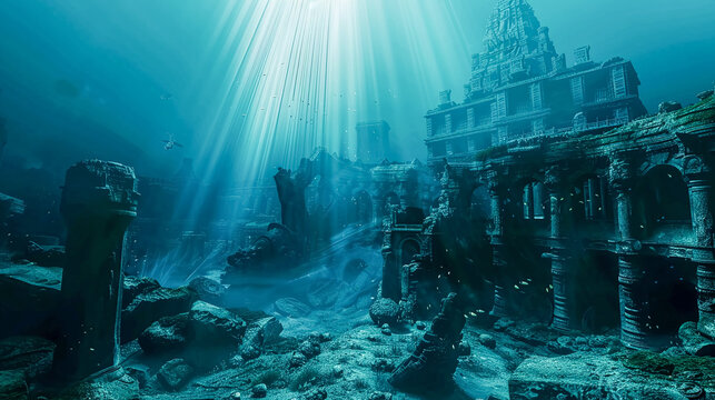 Lost City Beneath, Alien Technology, Untold Mysteries, Divers Encounter Advanced Underwater Culture, Realistic, Backlights, Motion Blur