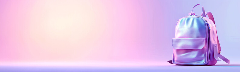 Shiny, iridescent backpack is showcased against pastel gradient background. scene highlights backpack's reflective surface and functional design, emphasizing style and fashion.