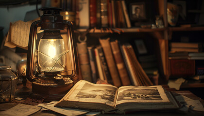 A vintage lantern illuminating an open book in a cozy library creating a warm and nostalgic atmosphere