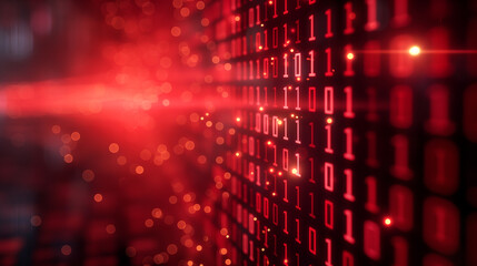 Obraz premium Digital code matrix in glowing binary data system with red abstract pattern background