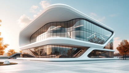 Fototapeta premium A modern futuristic building with sleek curves and large windows creating a cutting-edge architectural design