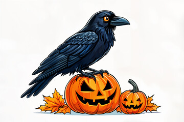 Fototapeta premium Black crow perched on top of a carved pumpkin, with another pumpkin and fallen leaves nearby, all set against a plain background.