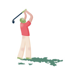 Golf equipment set logo icons sports gear for game. Golfer hits ball on golf course. Golf player, bags, putter, golfer, ball, hole, course, gloves. Vector illustration isolated on background