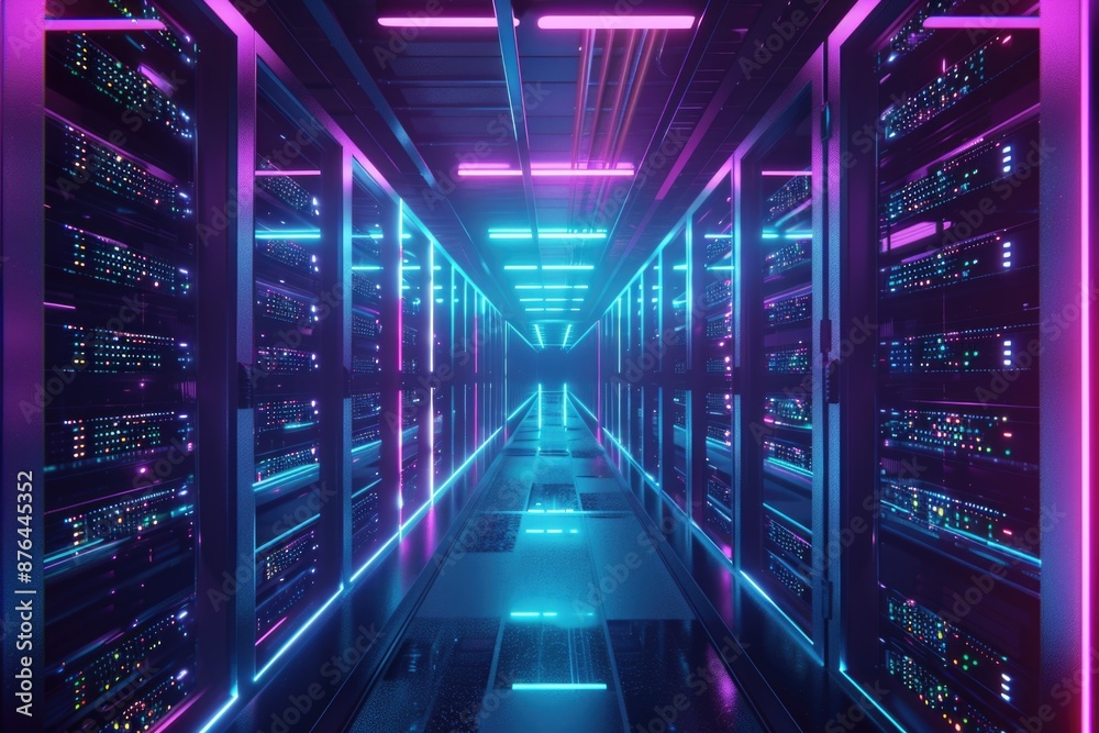 Aufkleber Neon-lit hallway with rows of servers in a data center
