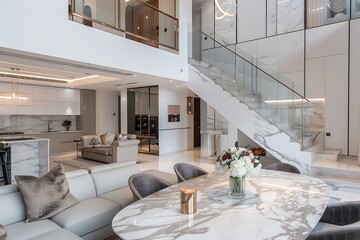 Elegant, two-floor apartment with a chic living room and marble dining table, open to kitchen and glass stairs to next floor. Ideal for luxury home decor.