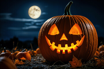 Fototapeta premium Large, lit jack-o'-lantern with a carved smile and teeth, placed on the ground during nighttime. In the background, there is a full moon illuminating the scene.
