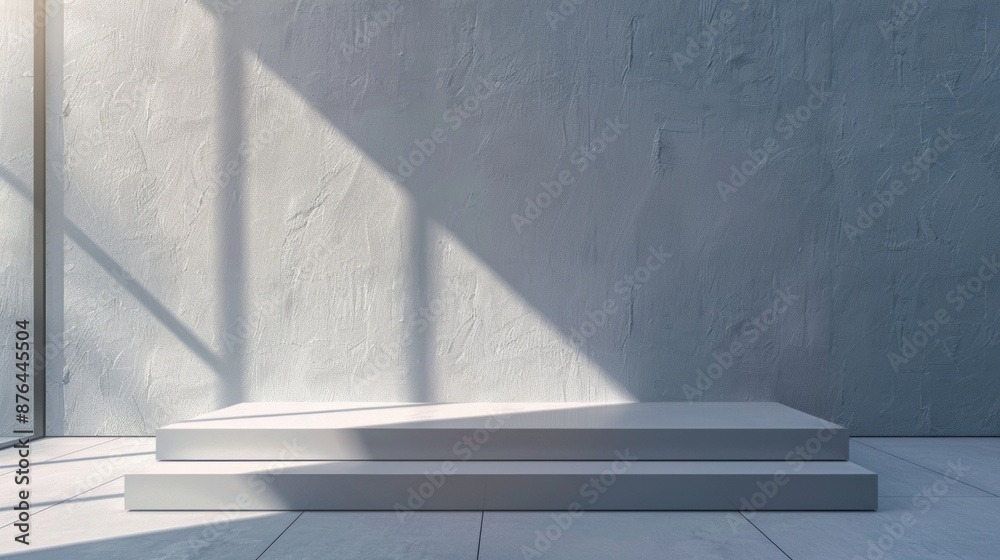 Poster A minimalist setup with a white platform sitting in front of a white wall, perfect for creating a clean and simple backdrop for your content